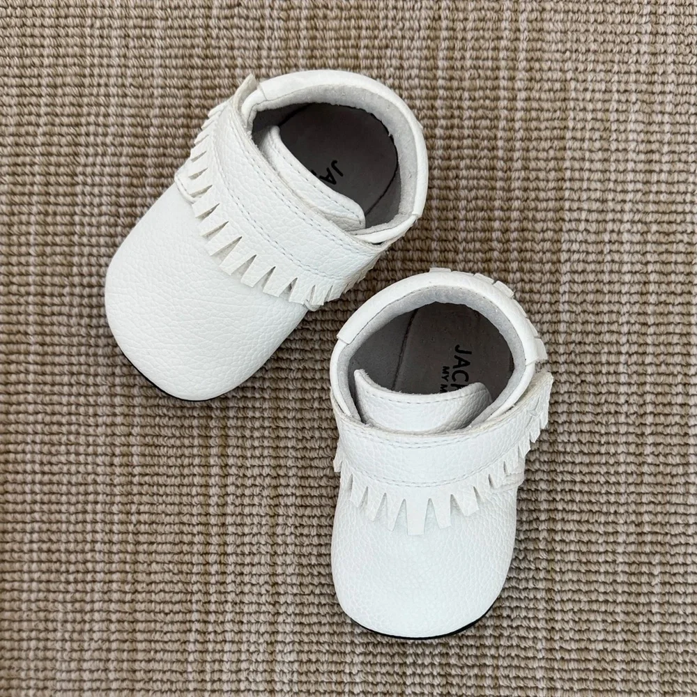 Jack and Lily by Mocs White Baby Leather Moccasin Shoes with Fringe